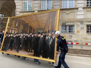 Firefighters and Bystanders rush to rescue Paintings from Inside Burning Stock Exchange in Copenhagen, Denmark