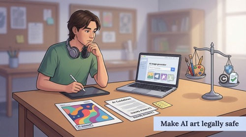 Licensing and ethics can feel abstract; a conceptual illustration balancing creative tools with legal symbols will anchor the reader’s understanding that rights, disclosure, and campus rules are as important as visual quality.