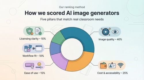 The ranking method relies on five weighted pillars; a clean infographic (pie or radial chart) visually summarizing the 40/25/15/10/10 weighting helps students quickly grasp how tools were evaluated without rereading the text.